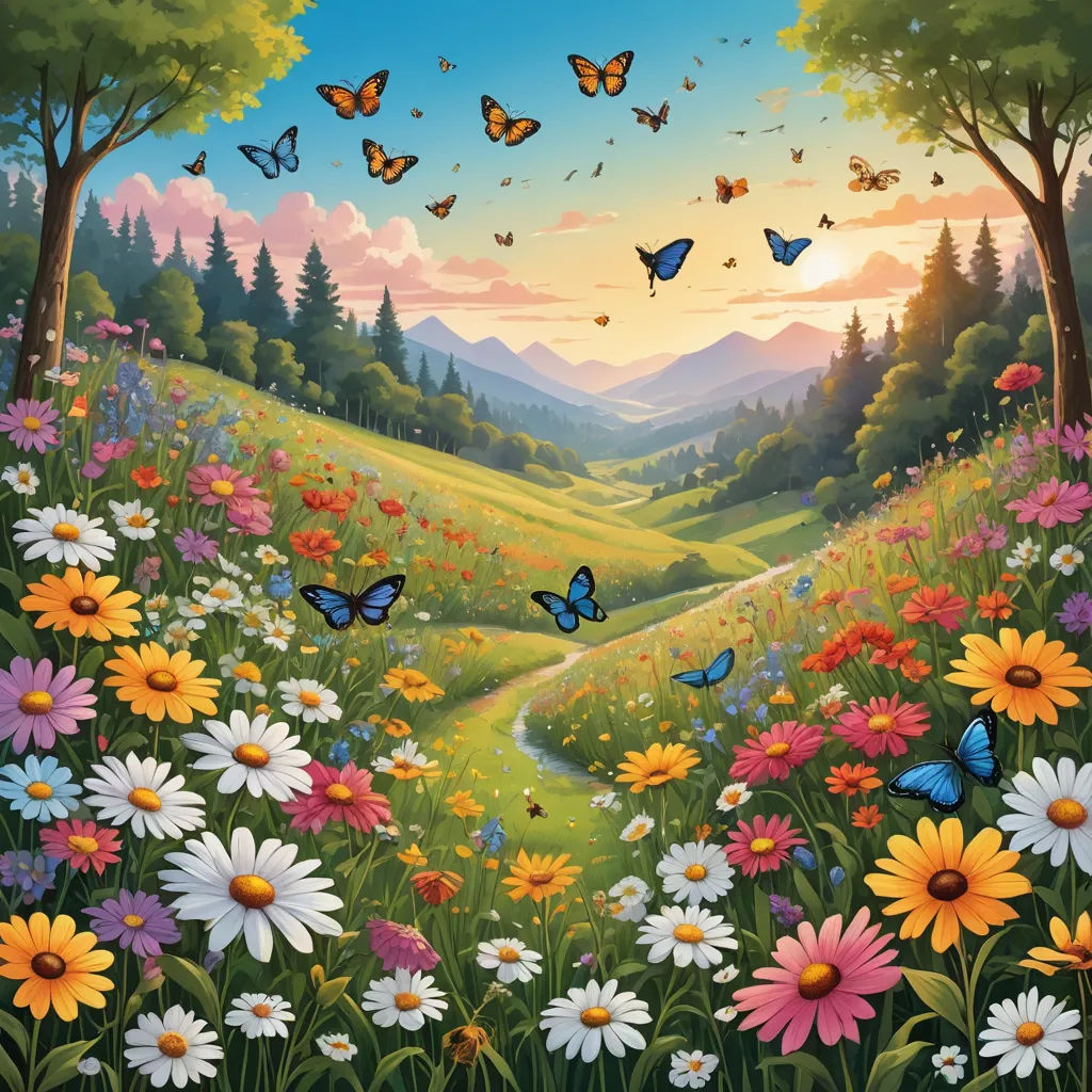 a painting of a beautiful landscape with flowers and butterflies flying around it and a path leading to a forest, magical realism, a storybook illustration, Chris LaBrooy, nature