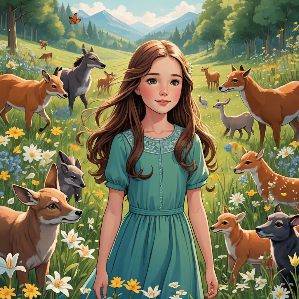 a girl in a field of wild animals with a forest in the background and a mountain in the background, magical realism, a storybook illustration, Clarice Beckett, storybook illustration