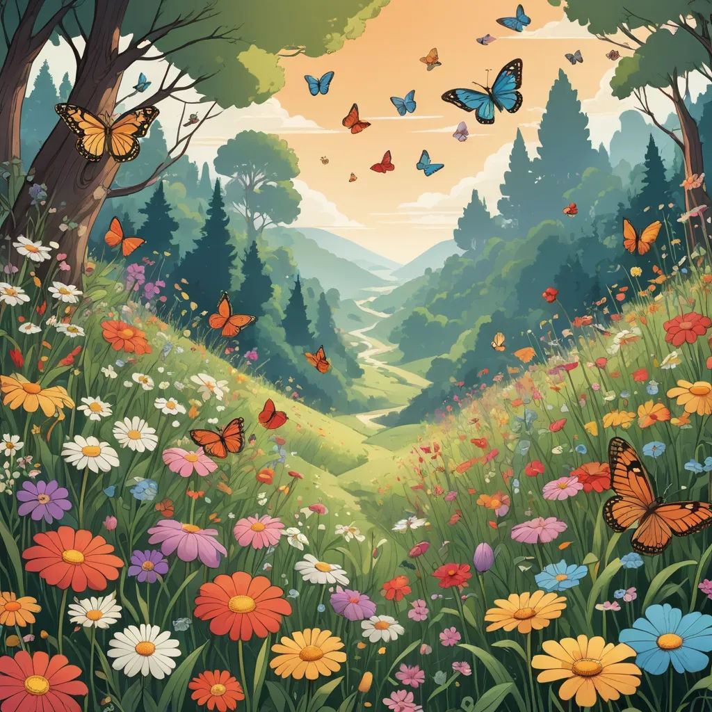 a painting of a beautiful landscape with butterflies flying over the trees and flowers in the foreground, and a valley with a river running through the trees, fantasy art, a storybook illustration, Chris LaBrooy, nature