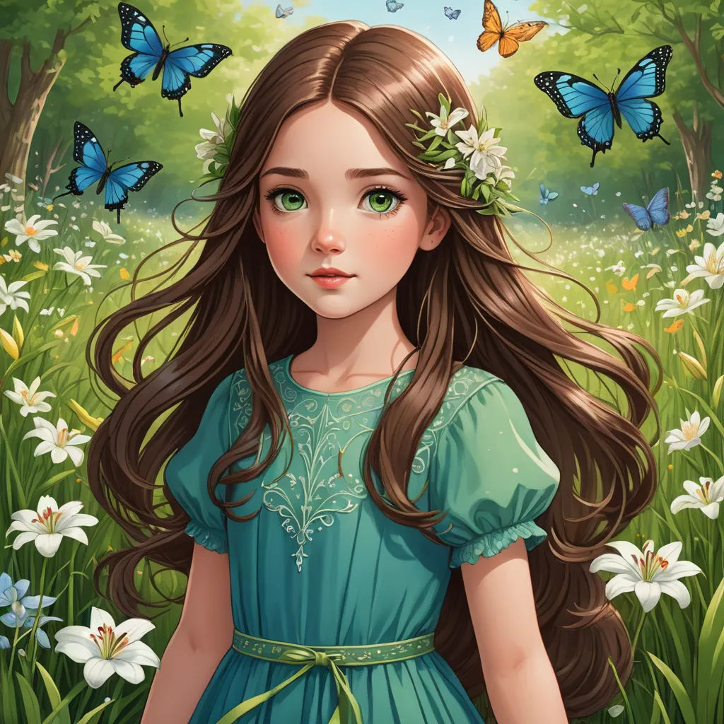 a girl in a blue dress standing in a field of flowers with butterflies flying above her head and a butterfly in her hair, fantasy art, a character portrait, Anne Stokes, fantasy character portrait