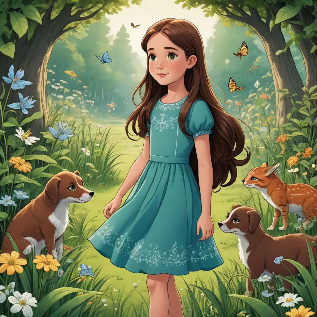 a girl in a blue dress standing in a forest with two dogs and butterflies around her, and a forest scene behind her, magical realism, a storybook illustration, Elinor Proby Adams, storybook illustration