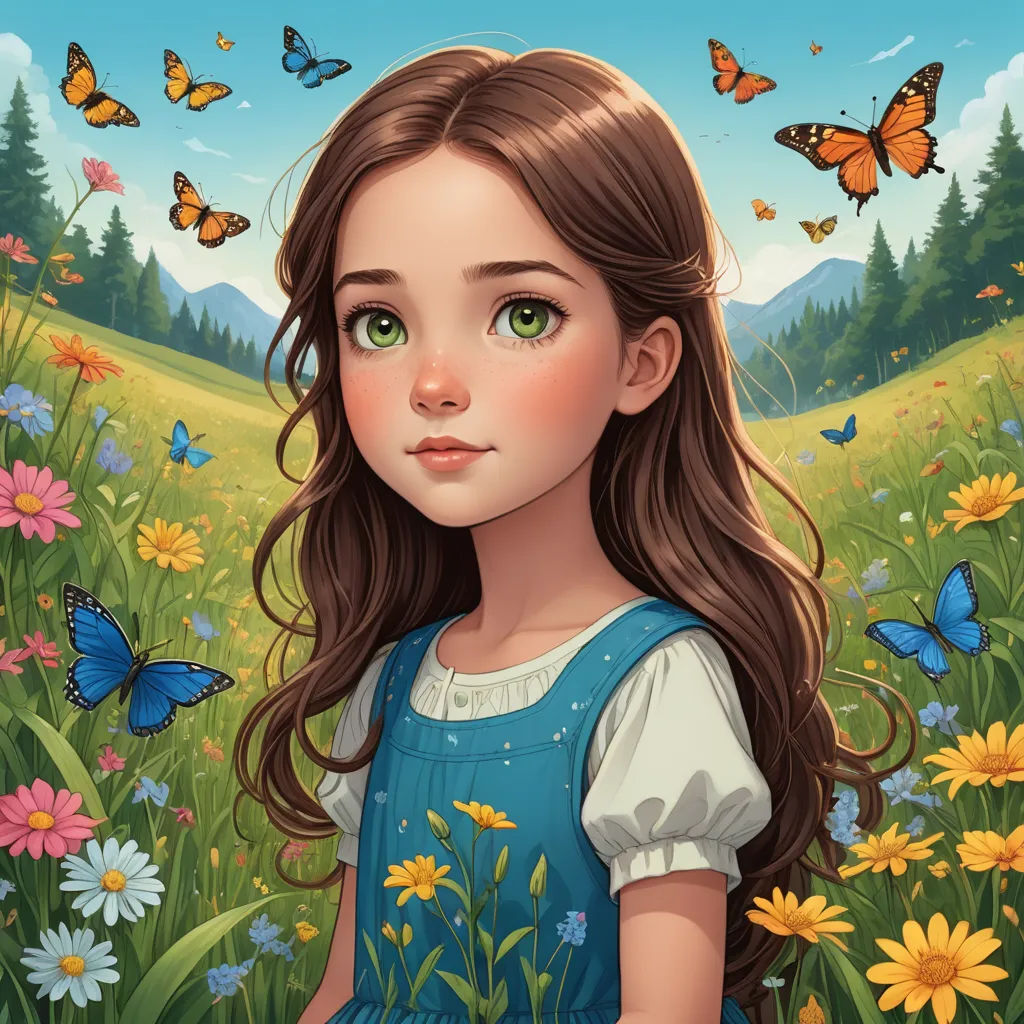 a painting of a girl in a field of flowers with butterflies flying overhead and a mountain in the background, fantasy art, a storybook illustration, Evaline Ness, trending on art station