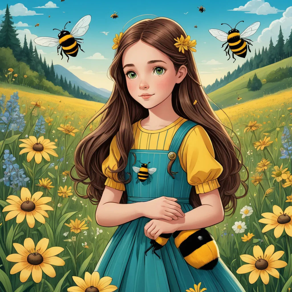 a girl in a blue dress standing in a field of flowers with bees flying above her head and a mountain in the background, fantasy art, a storybook illustration, Evaline Ness, trending on art station