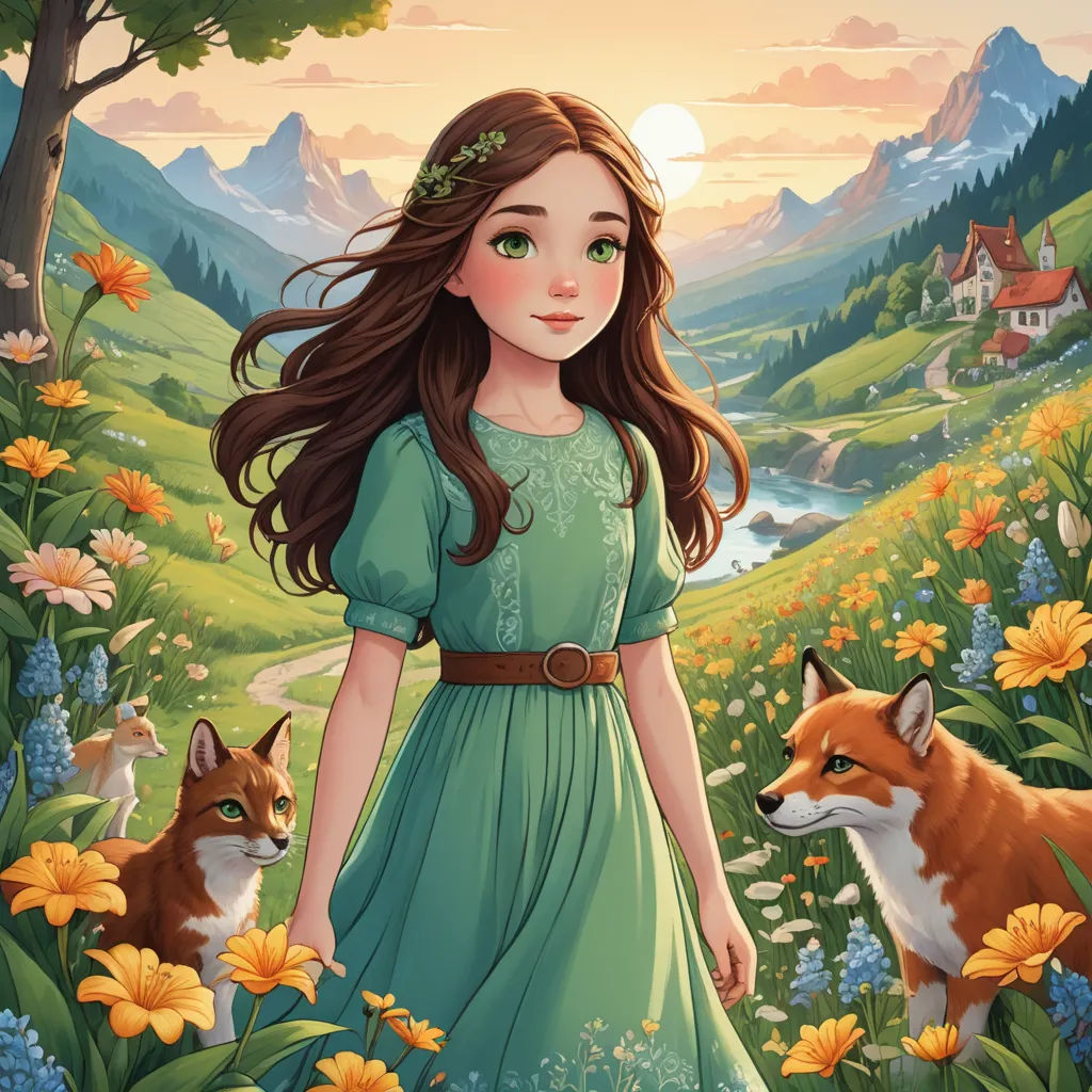 a girl in a green dress standing in a field of flowers with a fox nearby and a house in the distance, fantasy art, a storybook illustration, Aramenta Dianthe Vail, kinkade