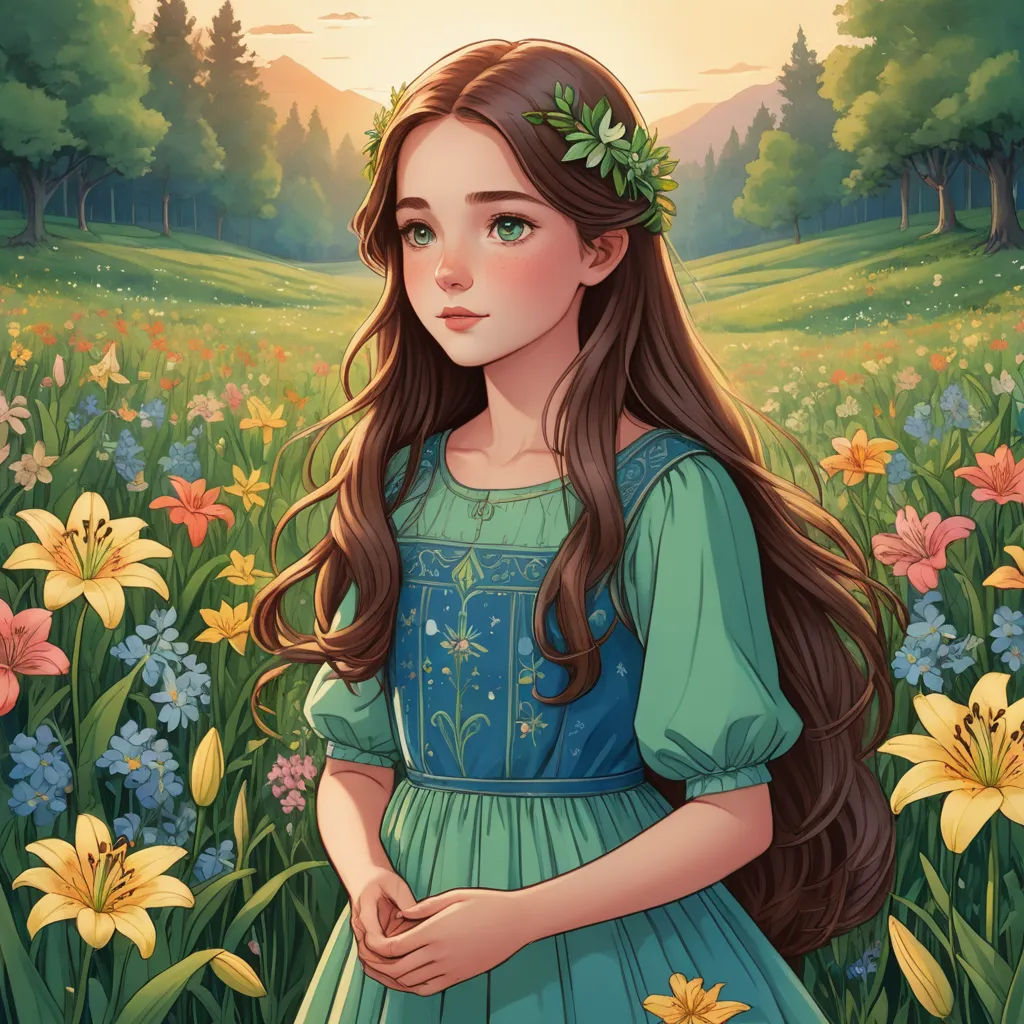 a girl in a field of flowers with a green dress and a wreath on her head, standing in front of a sunset, fantasy art, a storybook illustration, Clarice Beckett, trending on art station