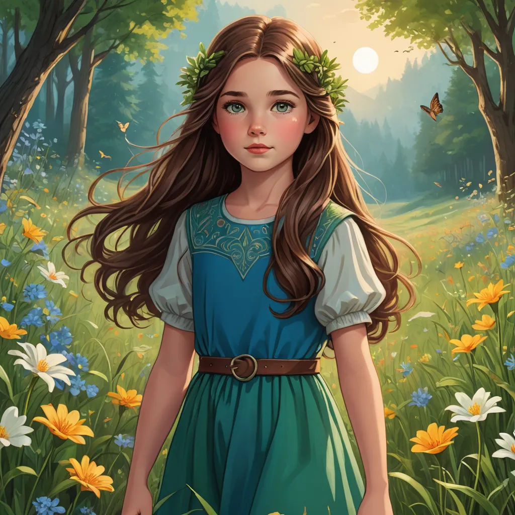 a painting of a girl in a blue dress standing in a field of flowers with a butterfly in her hair, fantasy art, a storybook illustration, Alice Prin, trending on art station