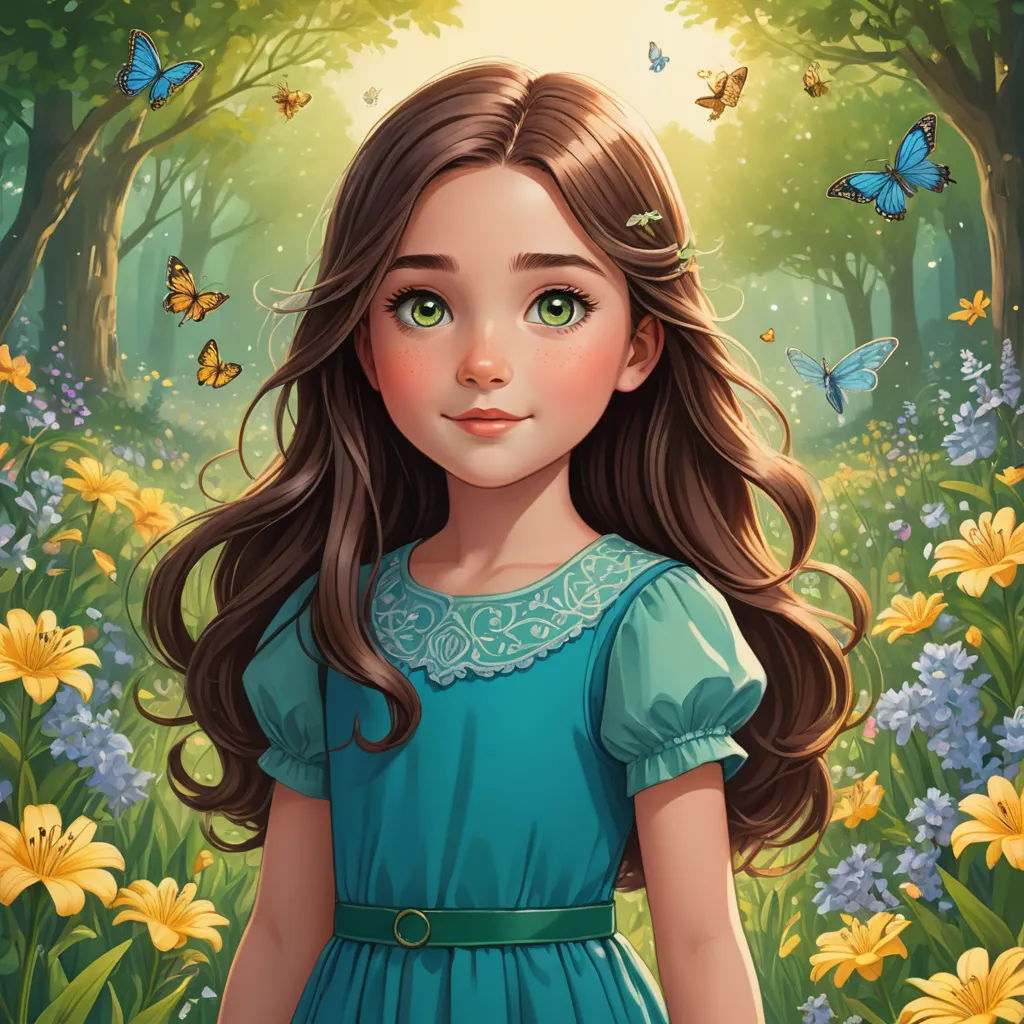 a girl in a blue dress standing in a field of flowers with butterflies flying around her head and a forest with yellow flowers, fantasy art, a storybook illustration, Alice Prin, kinkade
