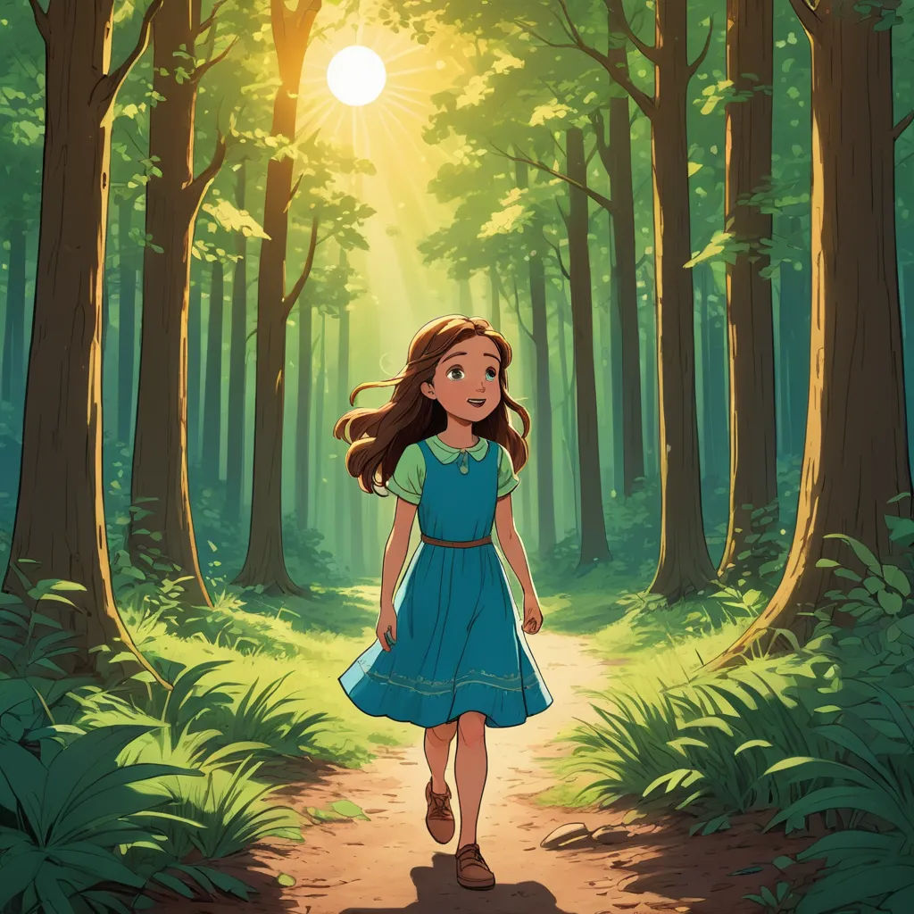 a girl in a blue dress walking through a forest with a sun shining through the trees behind her and a path leading to the woods, magical realism, a storybook illustration, Clarice Beckett, rossdraws global illumination