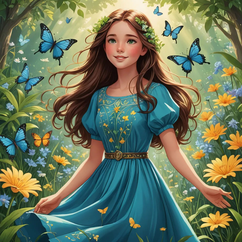 a girl in a blue dress standing in a field of flowers with butterflies around her head and a butterfly in her hair, fantasy art, a storybook illustration, Anna Dittmann, highly detailed digital painting