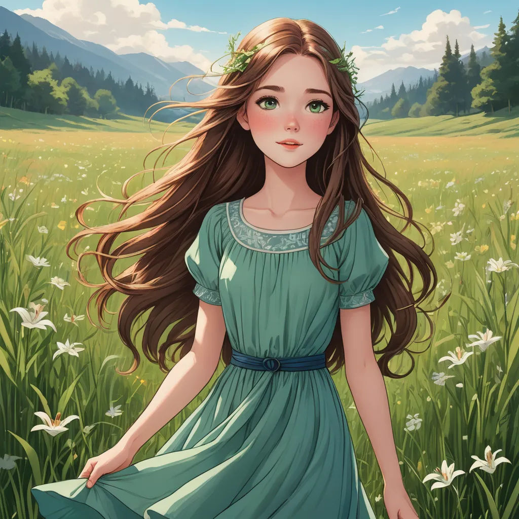 a girl in a green dress standing in a field of flowers with long hair and a blue dress on, fantasy art, a character portrait, Alice Prin, trending on art station
