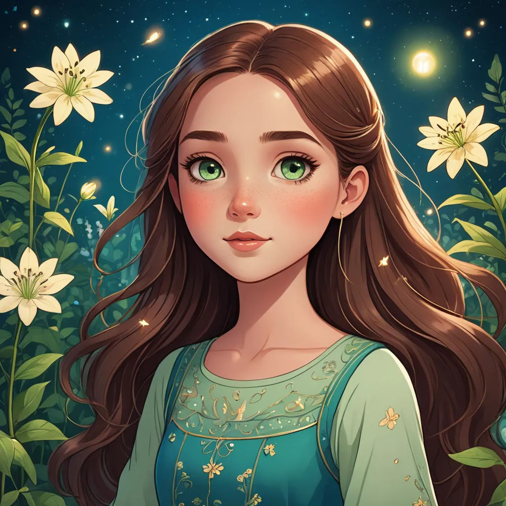 a girl with long hair and green eyes standing in a field of flowers with stars in the background and a full moon in the sky, fantasy art, a character portrait, Clarice Beckett, trending on art station