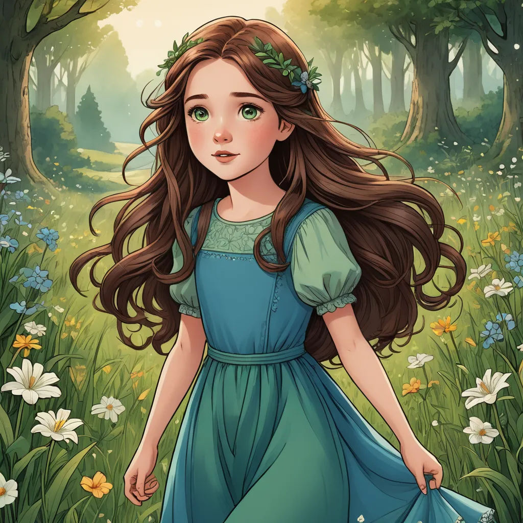 a girl in a blue dress walking through a forest with flowers on her head and long hair in her hair, fantasy art, a character portrait, Clarice Beckett, official art