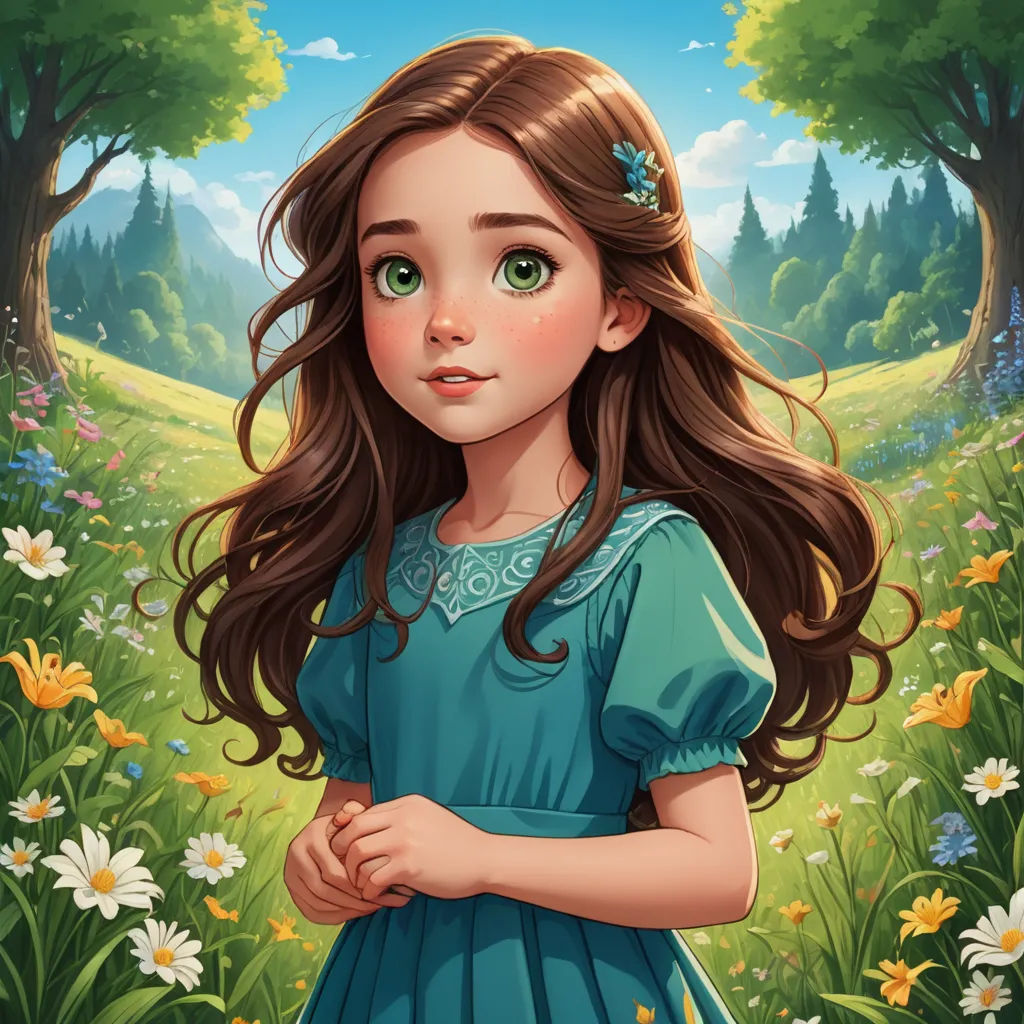 a girl in a blue dress standing in a field of flowers with a forest in the background and a blue sky, fantasy art, a character portrait, Alice Prin, kinkade