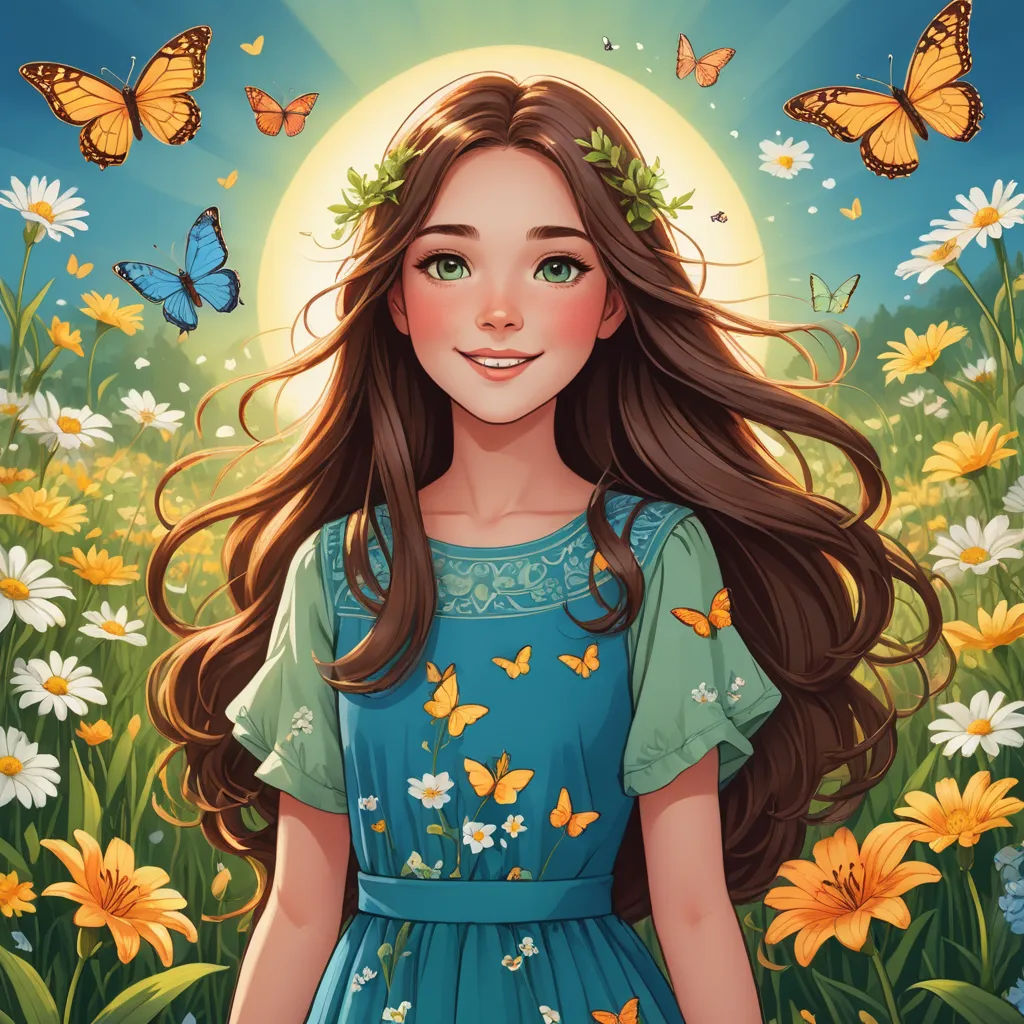 a girl in a blue dress standing in a field of flowers with butterflies flying around her head and a sun behind her, fantasy art, a storybook illustration, Anna Dittmann, trending on art station