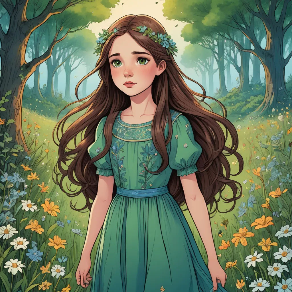 a girl in a green dress standing in a forest with flowers and trees around her, with a butterfly in her hair, fantasy art, a character portrait, Clarice Beckett, kinkade