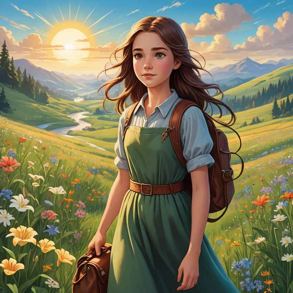 a painting of a girl in a green dress walking through a field of flowers with a sun in the background, fantasy art, a character portrait, Anne Said, official art