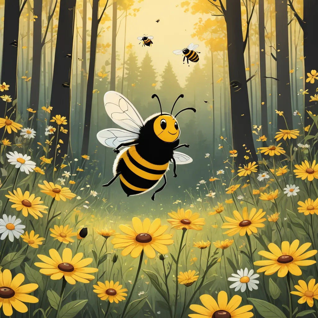 a painting of a bee flying over a field of flowers and trees with bees flying around it in the background, environmental art, a storybook illustration, Dave Melvin, storybook illustration
