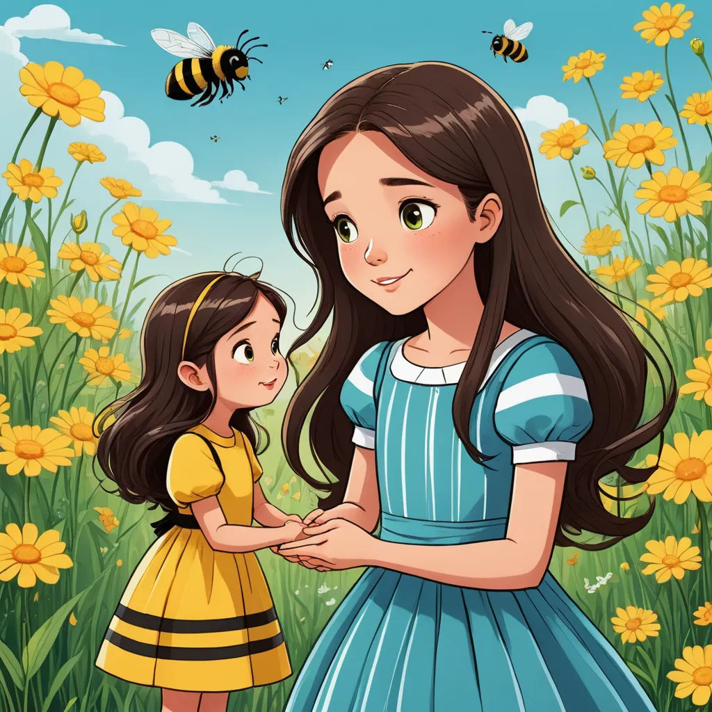 a little girl and a girl in a field of flowers with bees flying above her illustration by alex krawc, fantasy art, a storybook illustration, Anne Said, storybook illustration