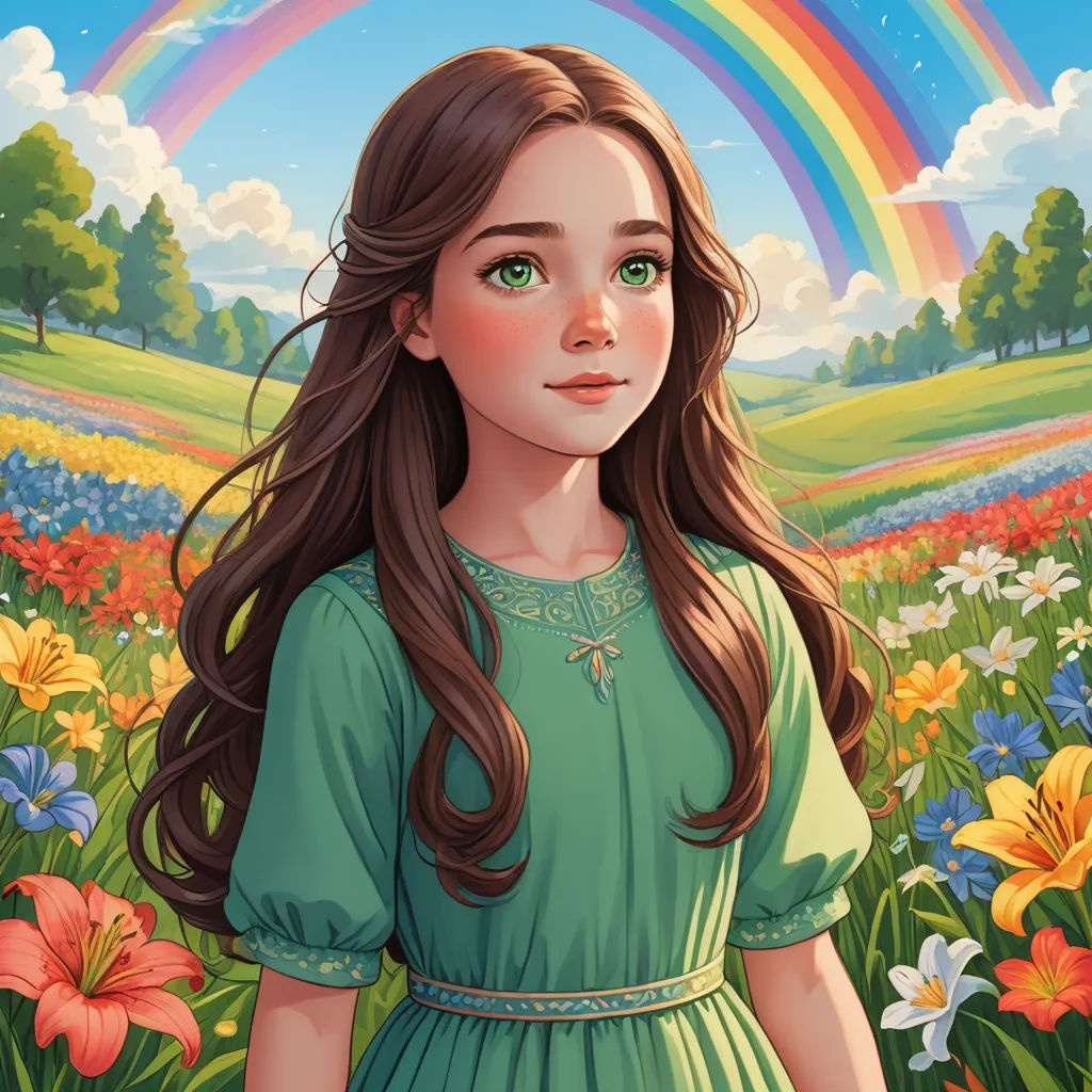 a painting of a girl in a green dress standing in a field of flowers with a rainbow in the background, fantasy art, a storybook illustration, Alice Prin, trending on art station