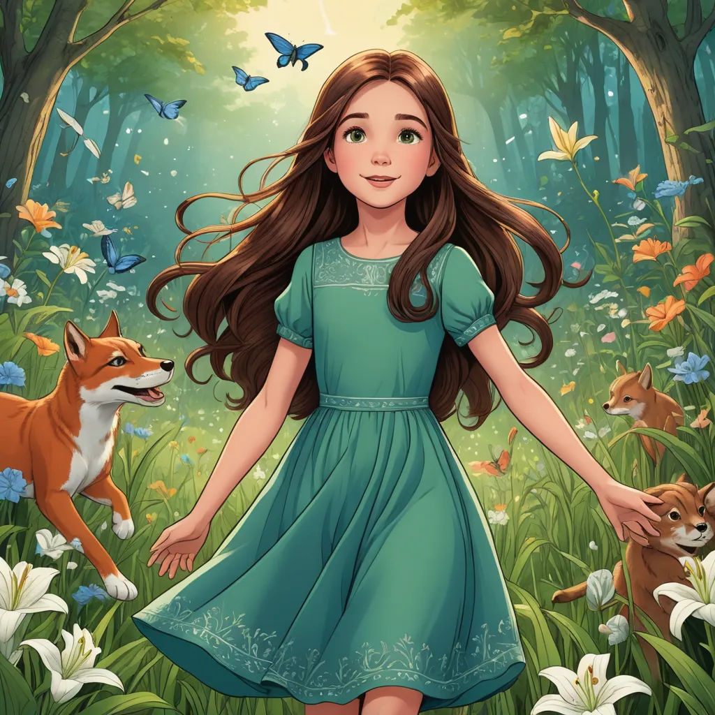 a girl in a blue dress standing in a forest with a fox and butterflies in the background and a butterfly flying above her, magical realism, a storybook illustration, Alice Prin, comic cover art