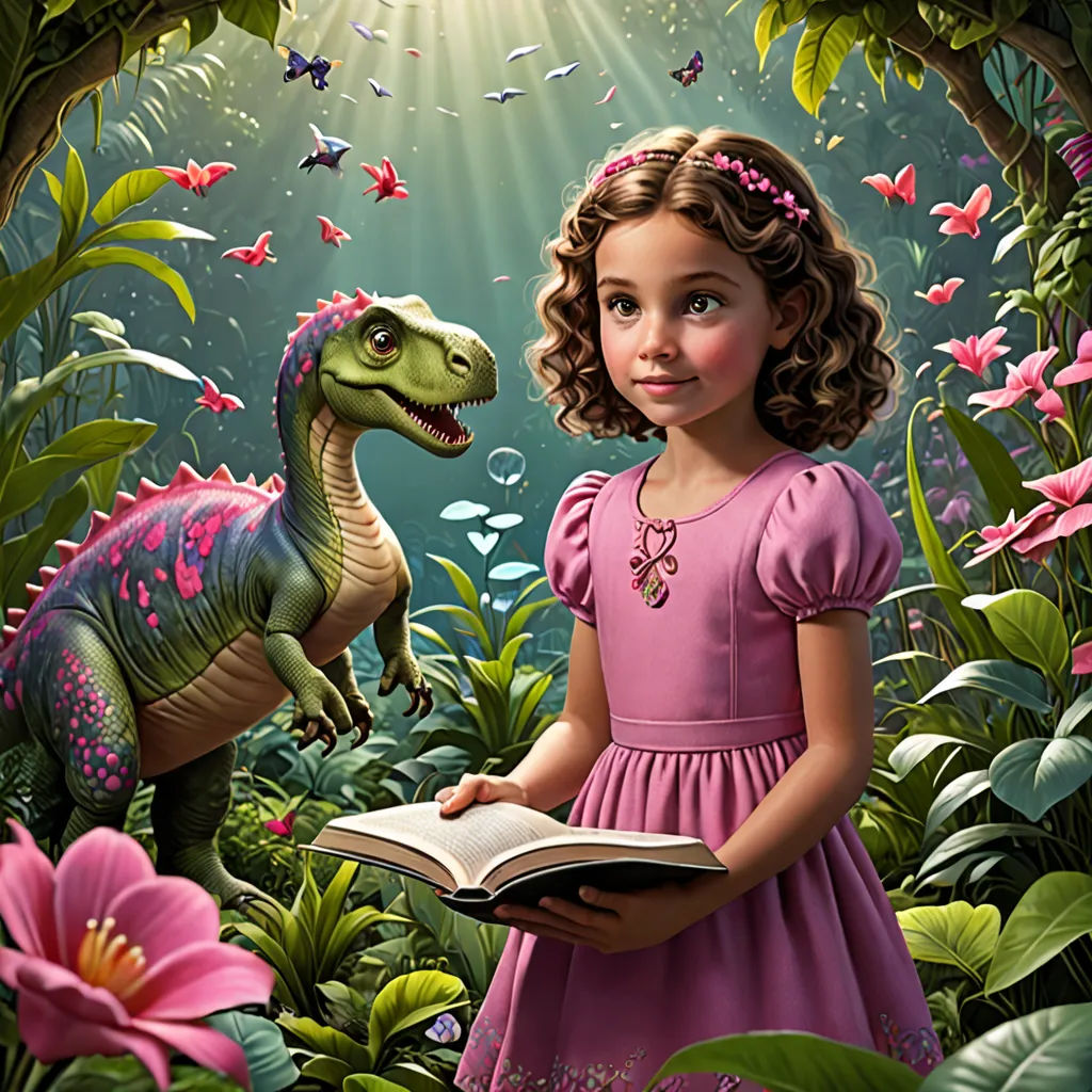 a girl in a pink dress is reading a book in a jungle with a dinosaur and butterflies in the background, fantasy art, a storybook illustration, Adam Rex, highly detailed digital painting