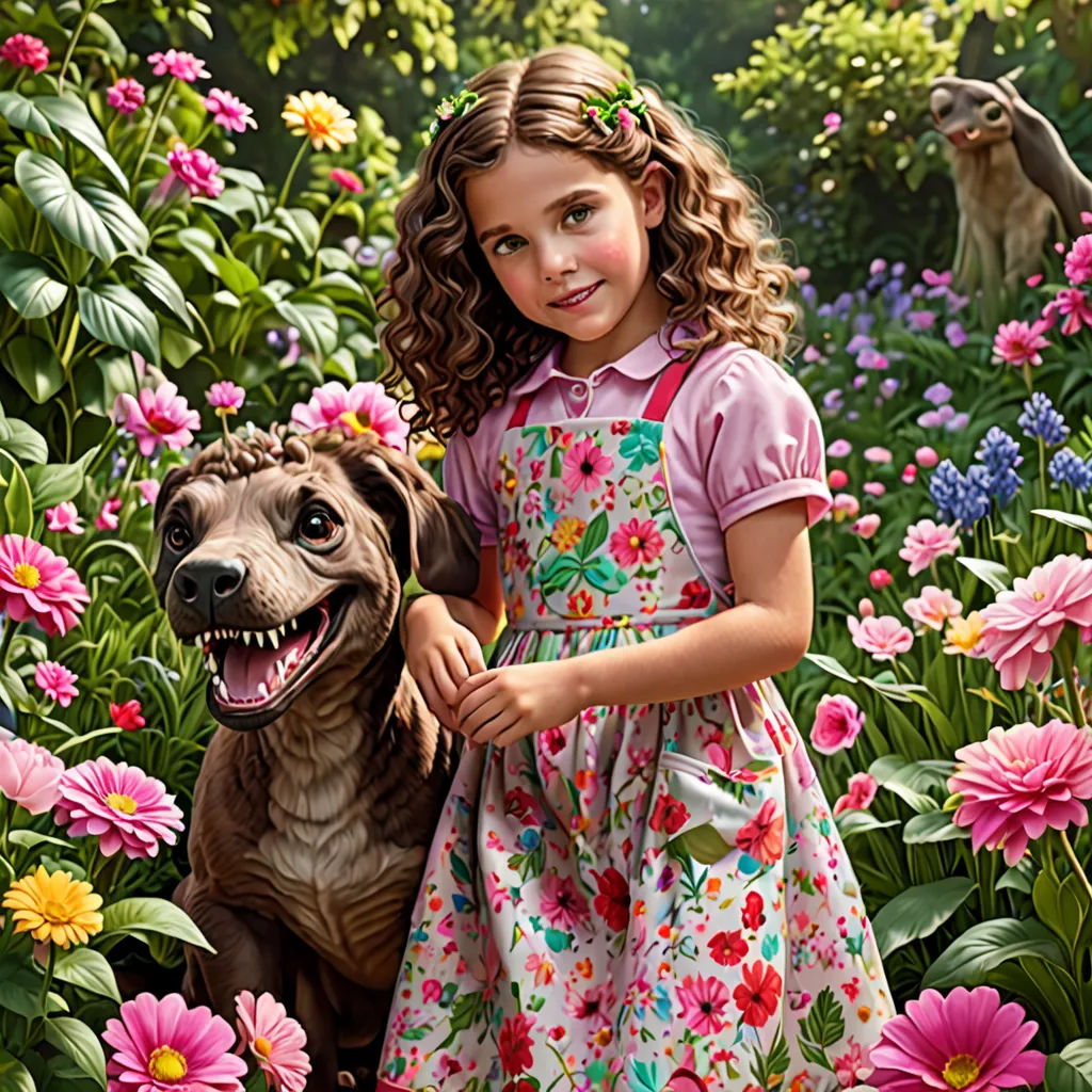 a girl and a dog in a field of flowers and plants with a dog in the background and a monkey in the foreground, photorealism, a photorealistic painting, Bob Byerley, promotional image