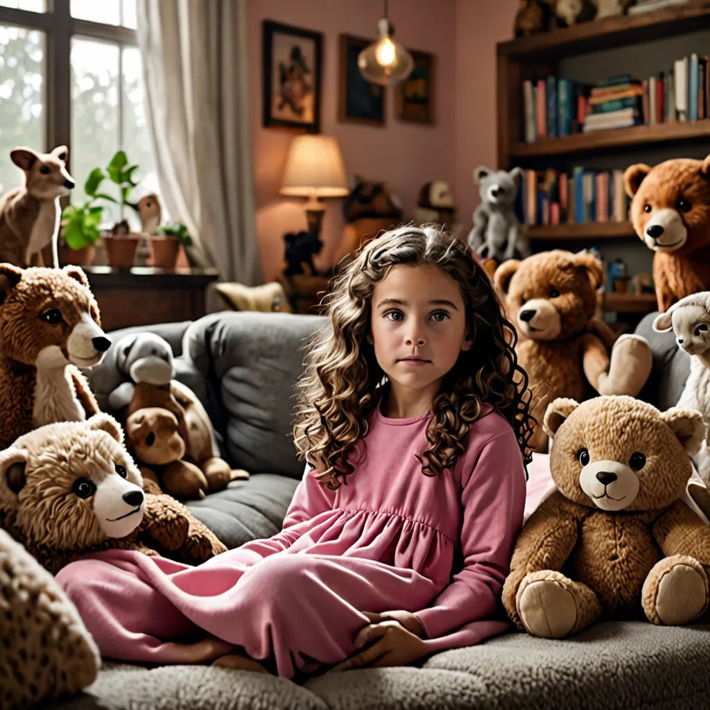 a little girl sitting on a couch surrounded by stuffed animals and teddy bears in a living room with a window, neoplasticism, a stock photo, Amy Weber, promotional image