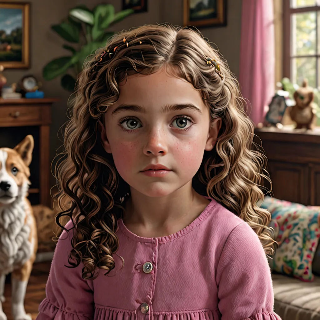 a little girl with curly hair and a dog in the background is looking at the camera and a painting of a dog is on the wall, photorealism, a hyperrealistic painting, Bob Byerley, highly detailed digital painting