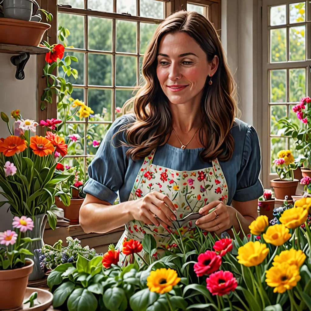 a woman in a flower shop working on flowers in pots and potted plants in front of a window, arts and crafts movement, a photorealistic painting, Annabel Kidston, promotional image