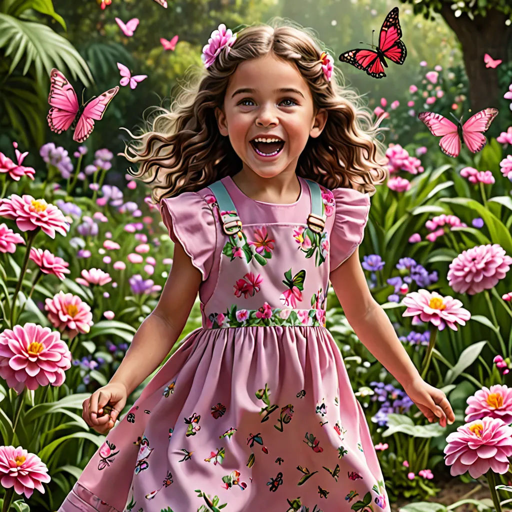 a little girl in a pink dress standing in a field of flowers with a butterfly flying over her head, photorealism, a storybook illustration, Annabel Kidston, affinity photo