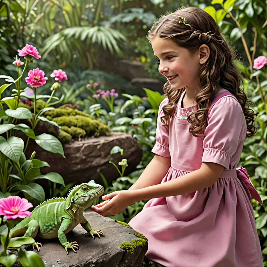 a little girl in a pink dress petting a green lizard in a garden with pink flowers and plants, magic realism, a storybook illustration, Adam Rex, promotional image