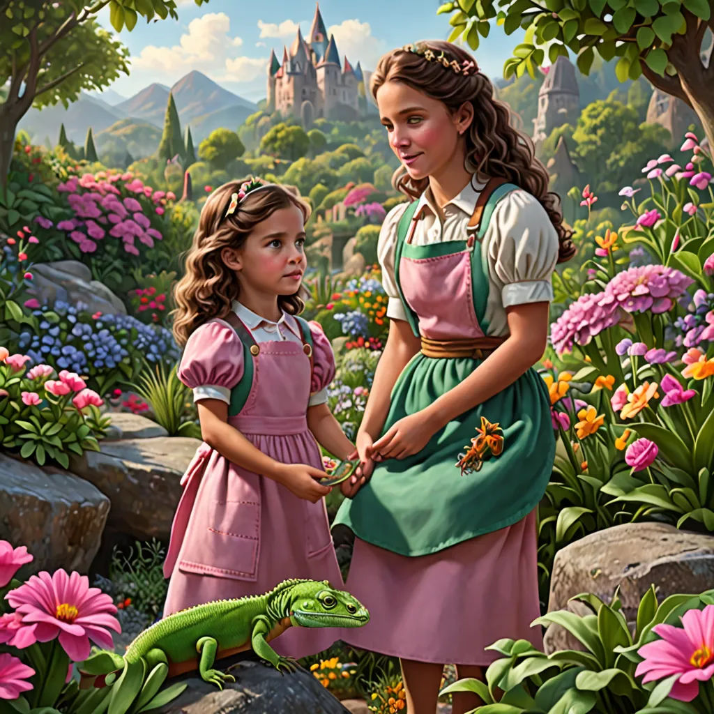 a painting of two girls in a garden with a lizard on the ground and a castle in the background, fantasy art, a detailed matte painting, Brothers Hildebrandt, official art