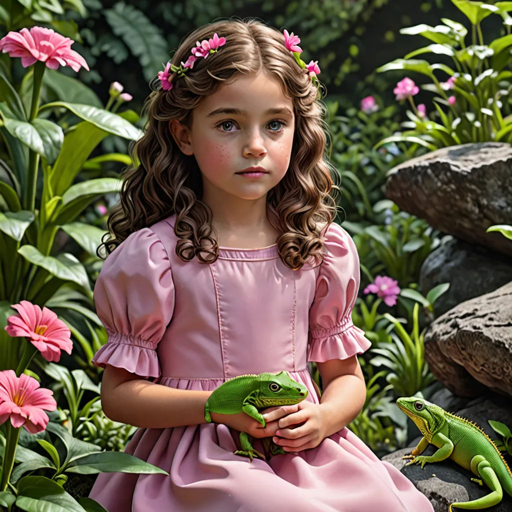 a little girl in a pink dress holding a green lizard in a garden with pink flowers and rocks and a green lizard, magical realism, a detailed matte painting, Edward George Handel Lucas, promotional image