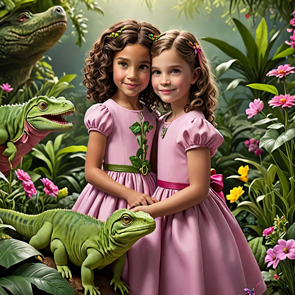 two girls in pink dresses standing next to a green lizard and a green lizard in a jungle with pink flowers, photorealism, a photorealistic painting, Diego Gisbert Llorens, highly detailed digital painting