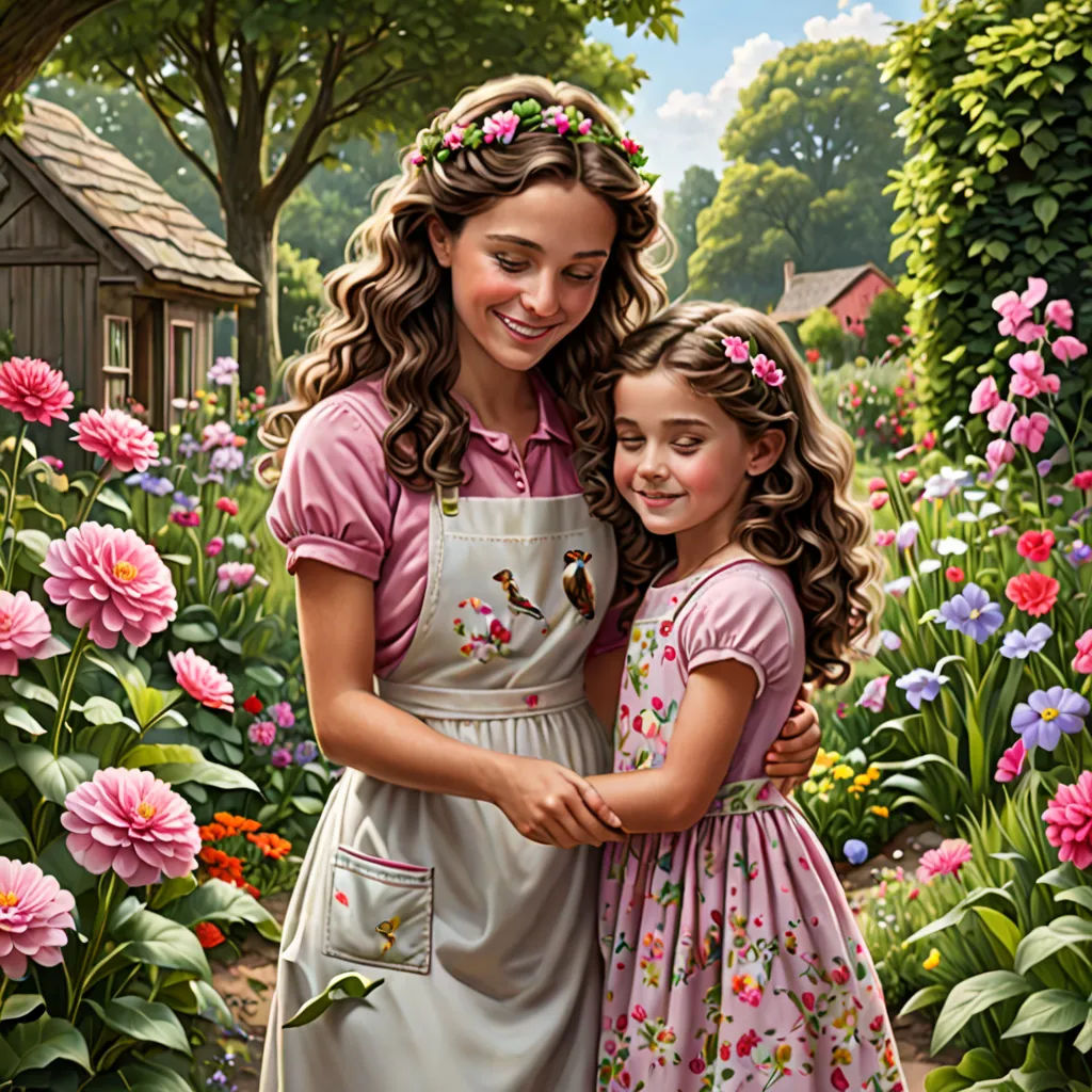 a painting of two girls in a garden with flowers and a shed in the background, one of them is hugging the other, figurative art, a detailed painting, Bob Byerley, highly detailed digital painting