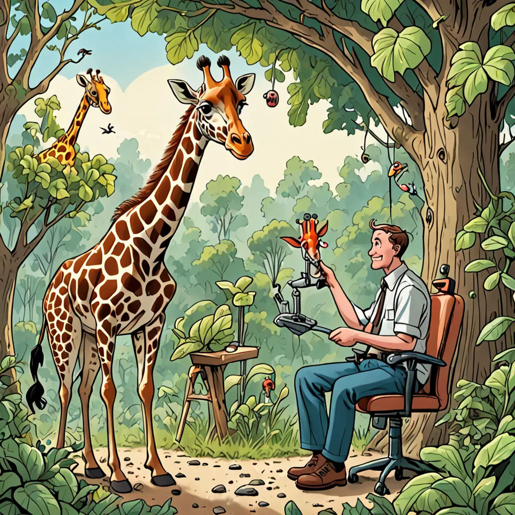 a man sitting in a chair in front of a giraffe and a bird in a forest with a tree, magical realism, a storybook illustration, Chris LaBrooy, detailed illustration