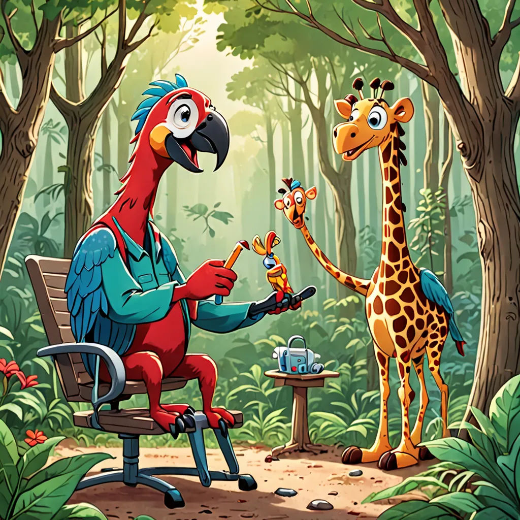 a bird and a giraffe are in the forest together, and one is feeding the giraffe, serial art, a storybook illustration, Chris LaBrooy, promotional image
