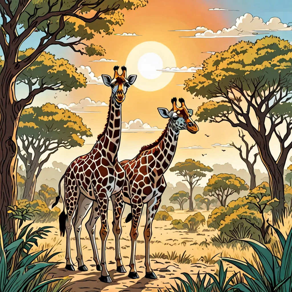 two giraffes standing in the middle of a forest with trees and a sun in the background, naive art, a storybook illustration, Chris LaBrooy, detailed illustration
