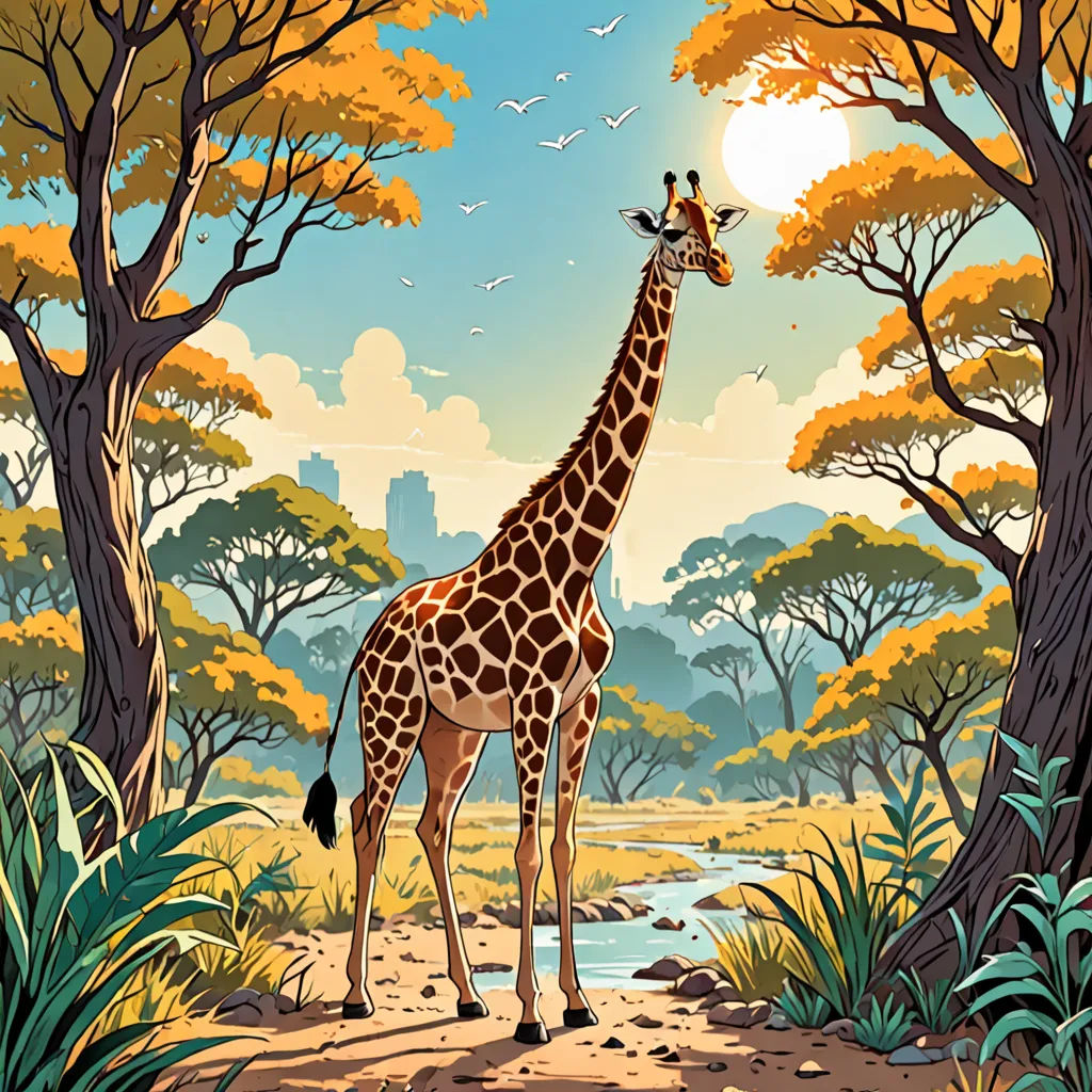 a giraffe standing in the middle of a forest with trees and birds flying overhead in the background, primitivism, a storybook illustration, Chris LaBrooy, rossdraws global illumination