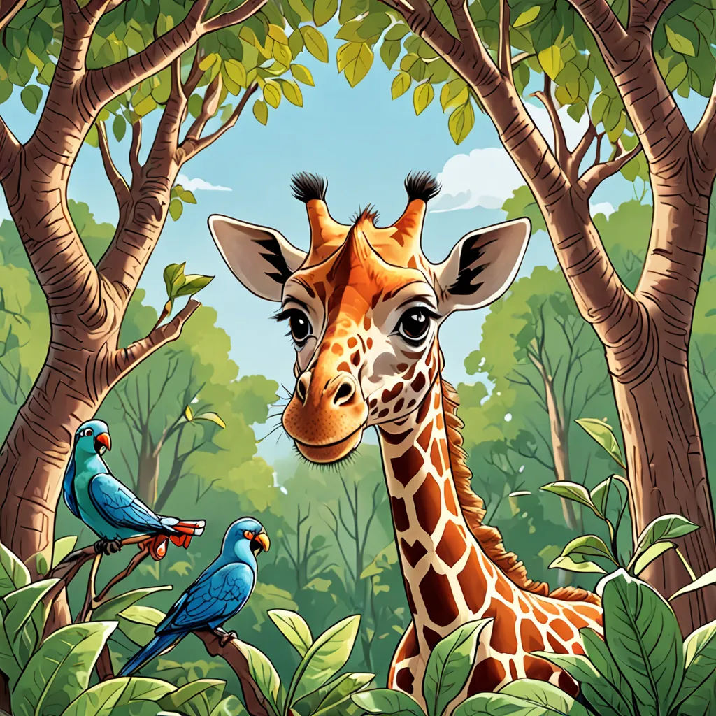 a giraffe and two birds in a forest with trees and leaves on a sunny day with blue sky, magic realism, a storybook illustration, Chris LaBrooy, storybook illustration