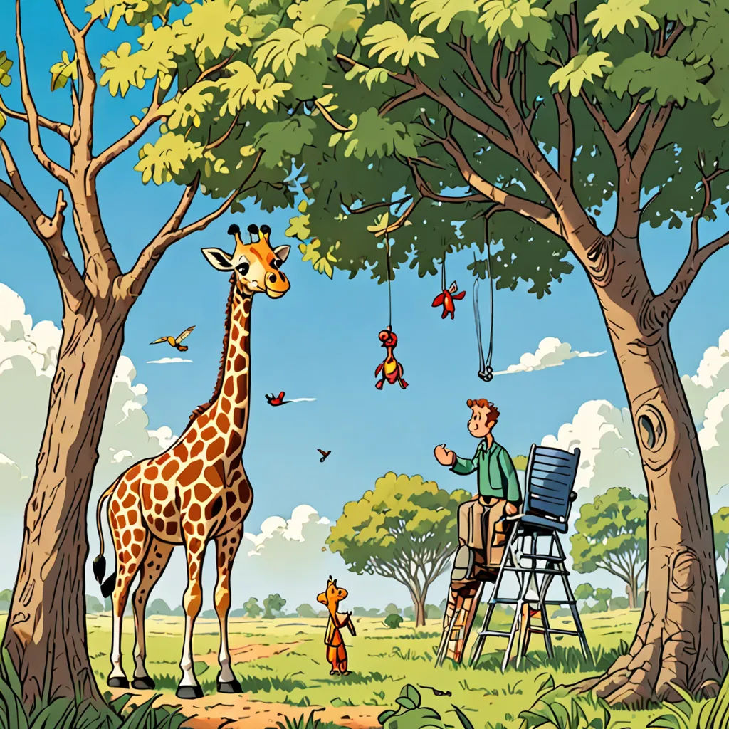 a man sitting on a chair in a tree with a giraffe and a man standing next to a tree, magical realism, a storybook illustration, Chris LaBrooy, storybook illustration