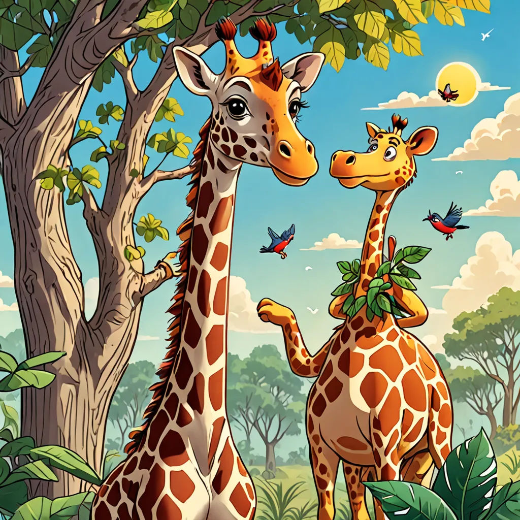 two giraffes standing next to each other in a forest with trees and birds flying around them, naive art, a storybook illustration, Chris LaBrooy, highly detailed digital art