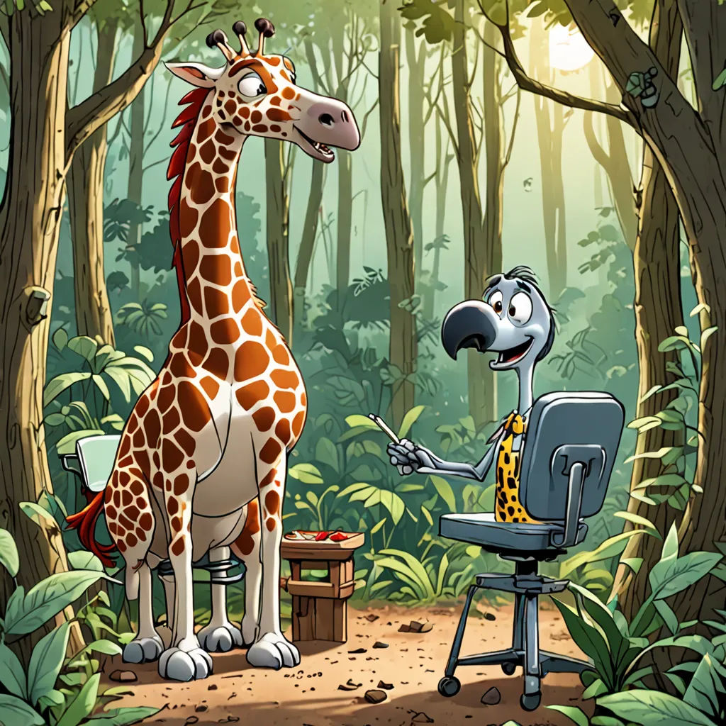 a giraffe standing next to a chair in a forest with a person sitting in it and a person standing next to it, serial art, a storybook illustration, Chris LaBrooy, promotional image
