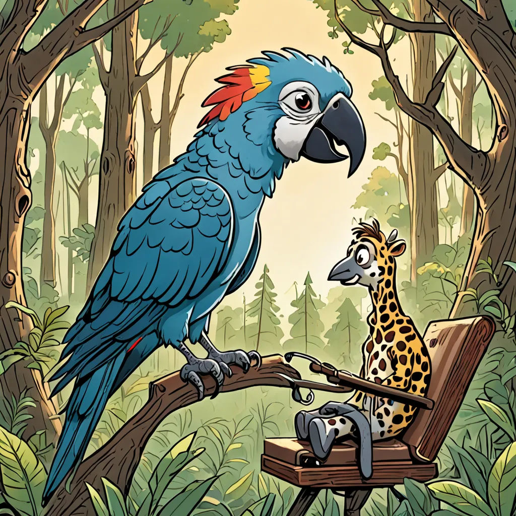 a blue parrot sitting on a tree branch next to a giraffe in a forest with trees and a giraffe, private press, a storybook illustration, Chris LaBrooy, comic cover art