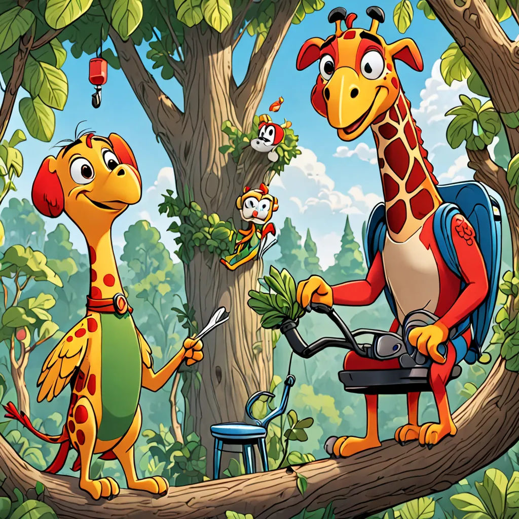 a giraffe and a monkey are in the woods with a grill and a chair and a tree, sots art, concept art, Chris LaBrooy, promotional image