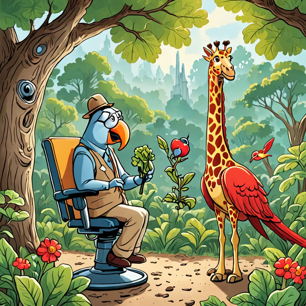 a man sitting in a chair in front of a giraffe and a bird in a forest with flowers, magic realism, a storybook illustration, Chris LaBrooy, storybook illustration