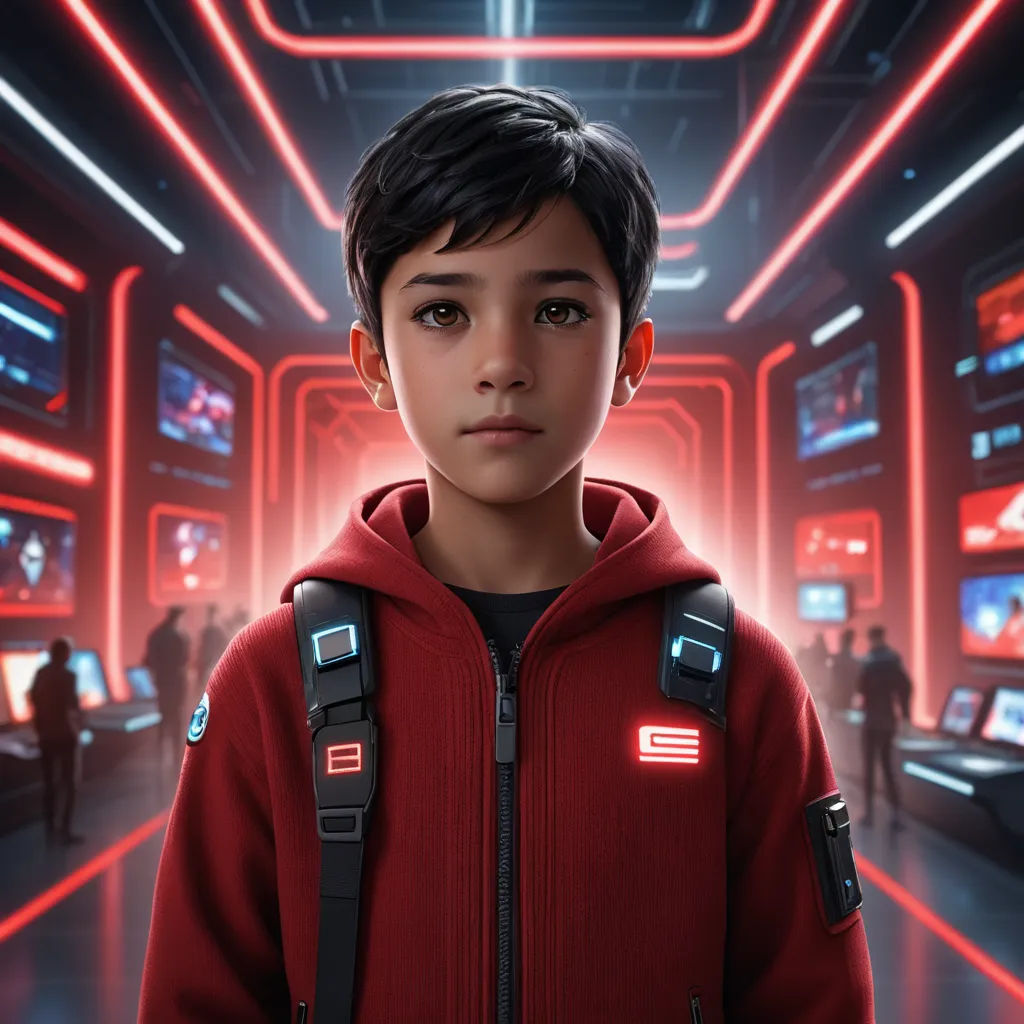 a young boy in a red jacket standing in a futuristic space station with red lights and a red neon light, sots art, concept art, Eddie Mendoza, cgstudio