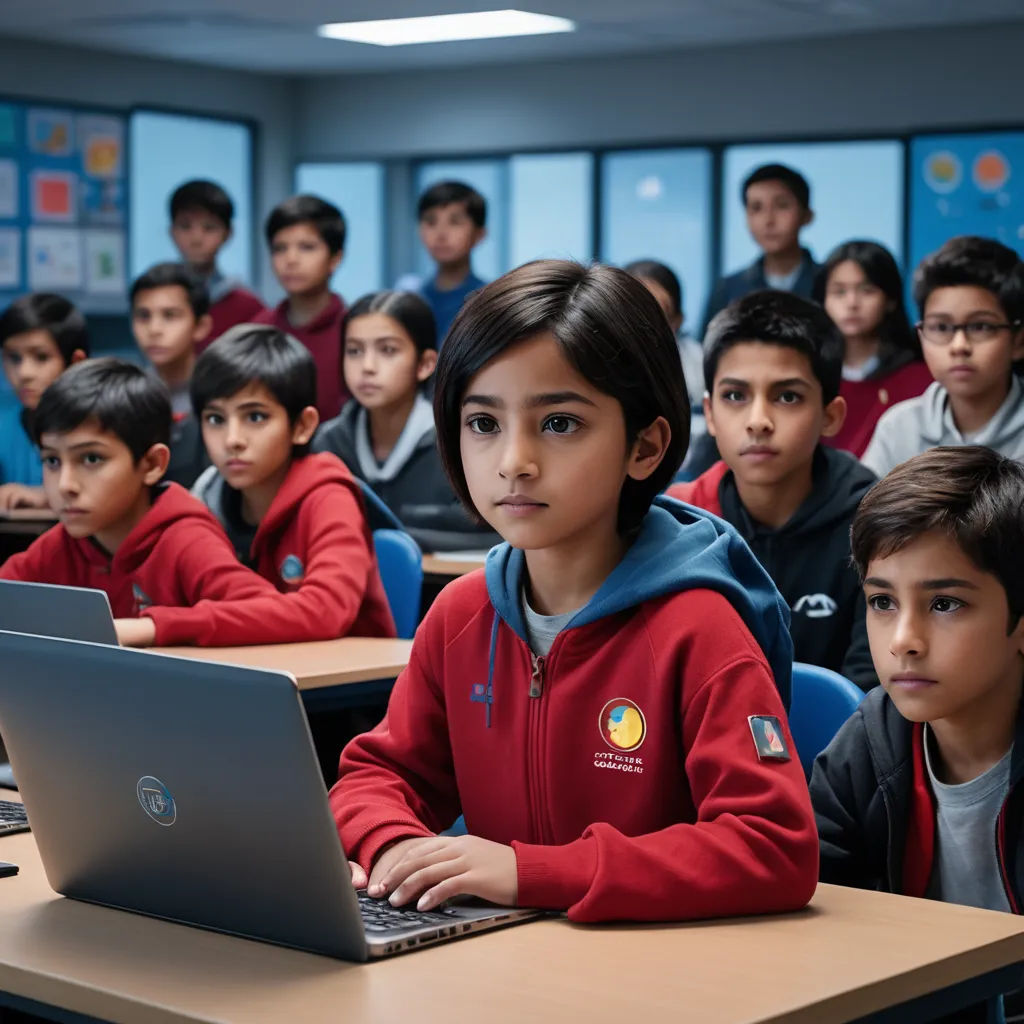 a group of children sitting at desks in front of laptop computers in a classroom with a teacher in the background, vancouver school, computer graphics, Chris LaBrooy, promotional image