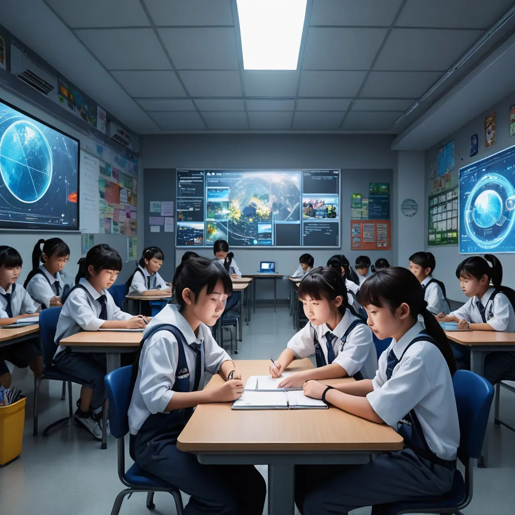 a group of girls sitting at desks in a classroom with computers on the wall behind them and a projector screen, vancouver school, a computer rendering, Cui Bai, promotional image