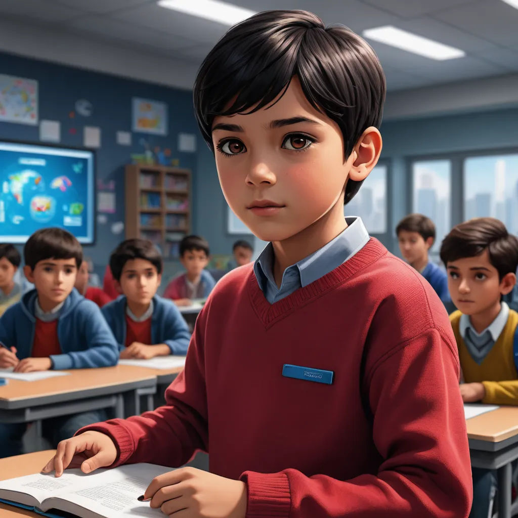 a boy in a classroom with a book in his hands and a group of other children in the background, paris school, a comic book panel, Alejandro Burdisio, unreal engine highly rendered
